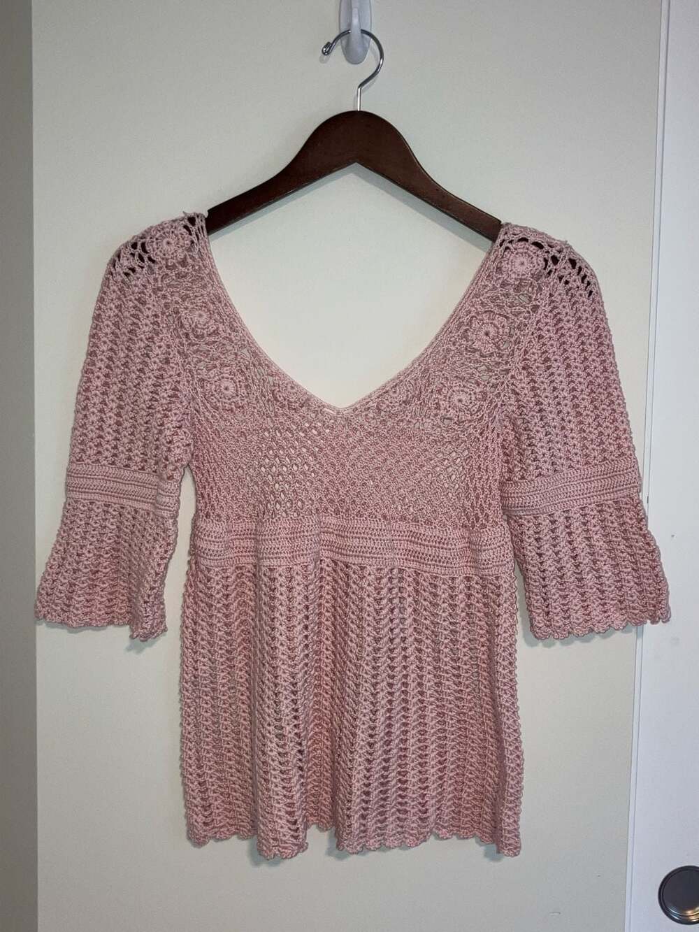 Handmade Pink Crochet Peplum Tunic Top with Bell Sleeves